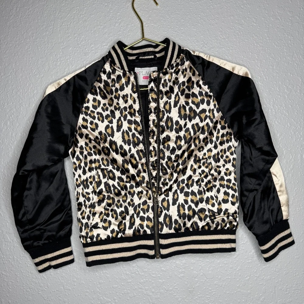 The Childrens Place Size 5/6 Leopard‎ print full Zip Bomber Jacket
